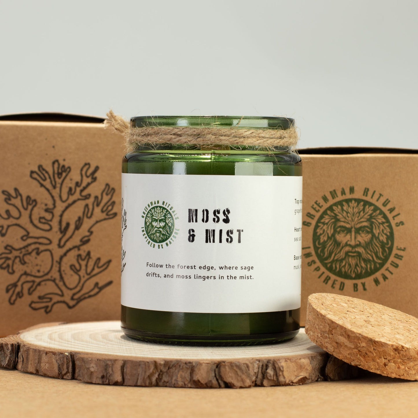 Detailed close up view highlighting the high quality craftsmanship and individual features of the greenman woodwick soy candle moss mist553