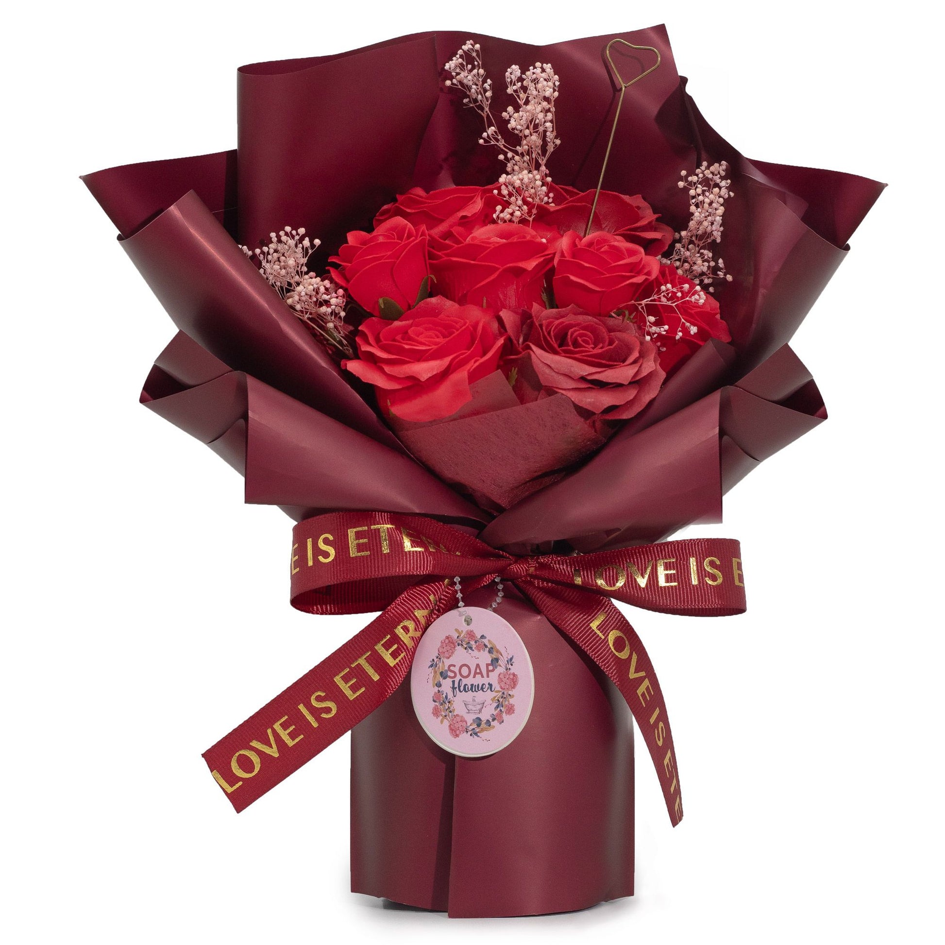 Detailed close up view highlighting the high quality craftsmanship and individual features of the large red roses bouquet love is eternal gift card826