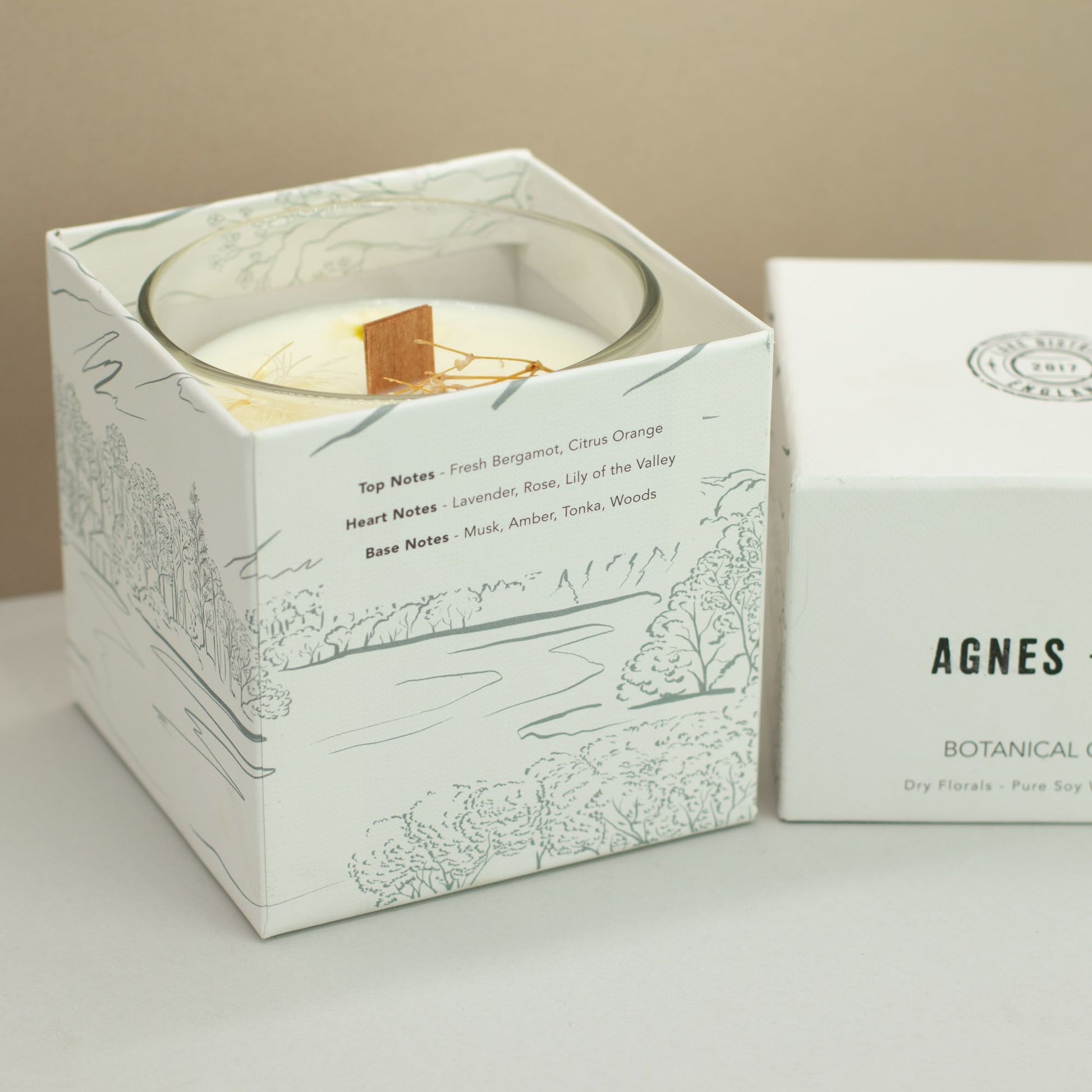 Luxury presentation of the agnes cat botanical soy wax candle windermere525 showing the premium artisan packaging and complete set contents