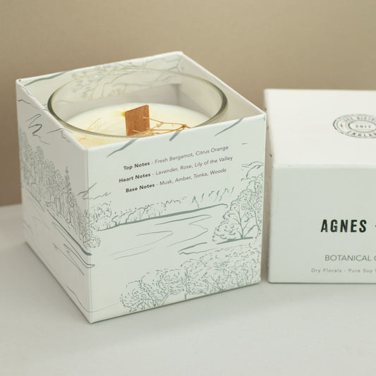Luxury presentation of the agnes cat botanical soy wax candle windermere525 showing the premium artisan packaging and complete set contents