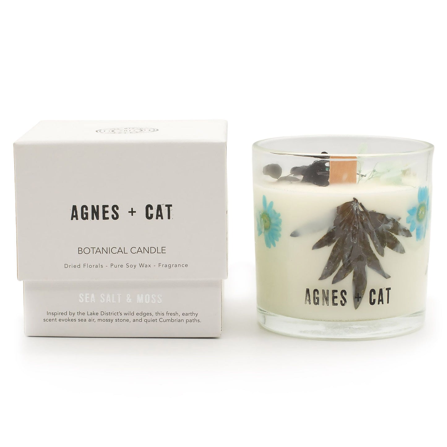 Luxury presentation of the agnes cat botanical soy wax candle seasalt moss559 showing the premium artisan packaging and complete set contents