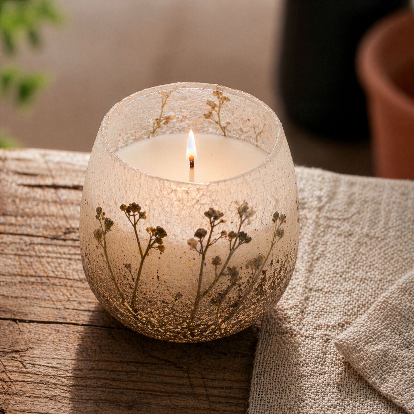 Detailed close up view highlighting the high quality craftsmanship and individual features of the medium glass jar candles wildlight woods459