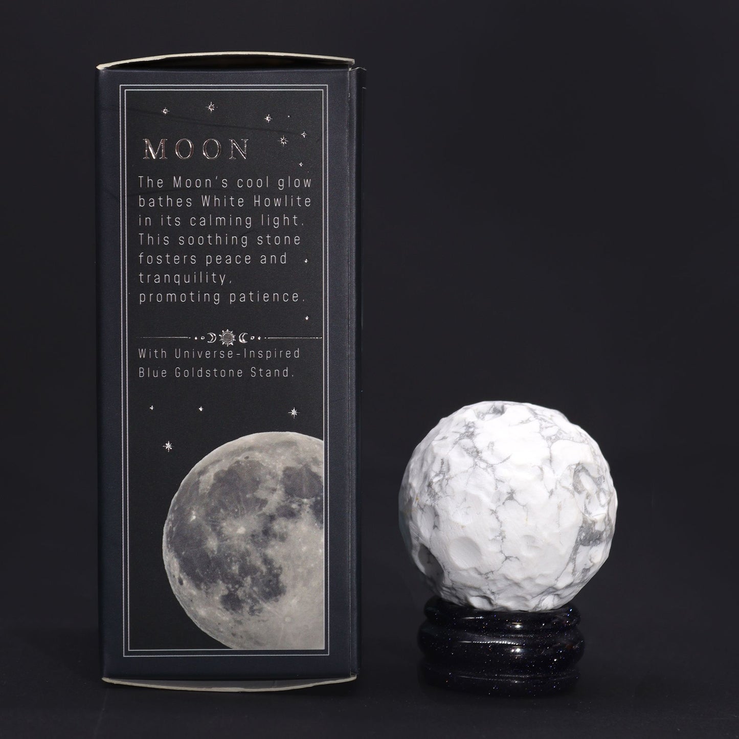 White Howlite Planet on a Sola Goldstone Stand (MOON) lifestyle product photo on neutral background