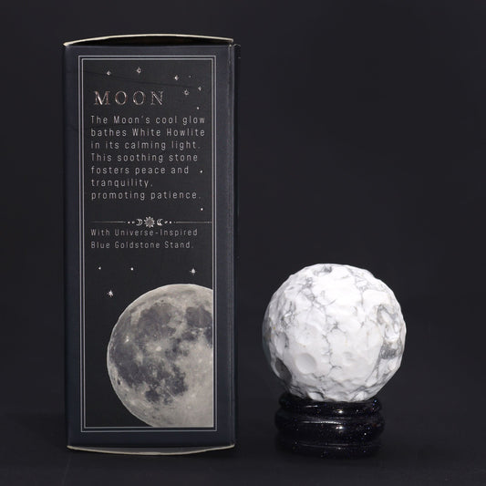 White Howlite Planet on a Sola Goldstone Stand (MOON) lifestyle product photo on neutral background