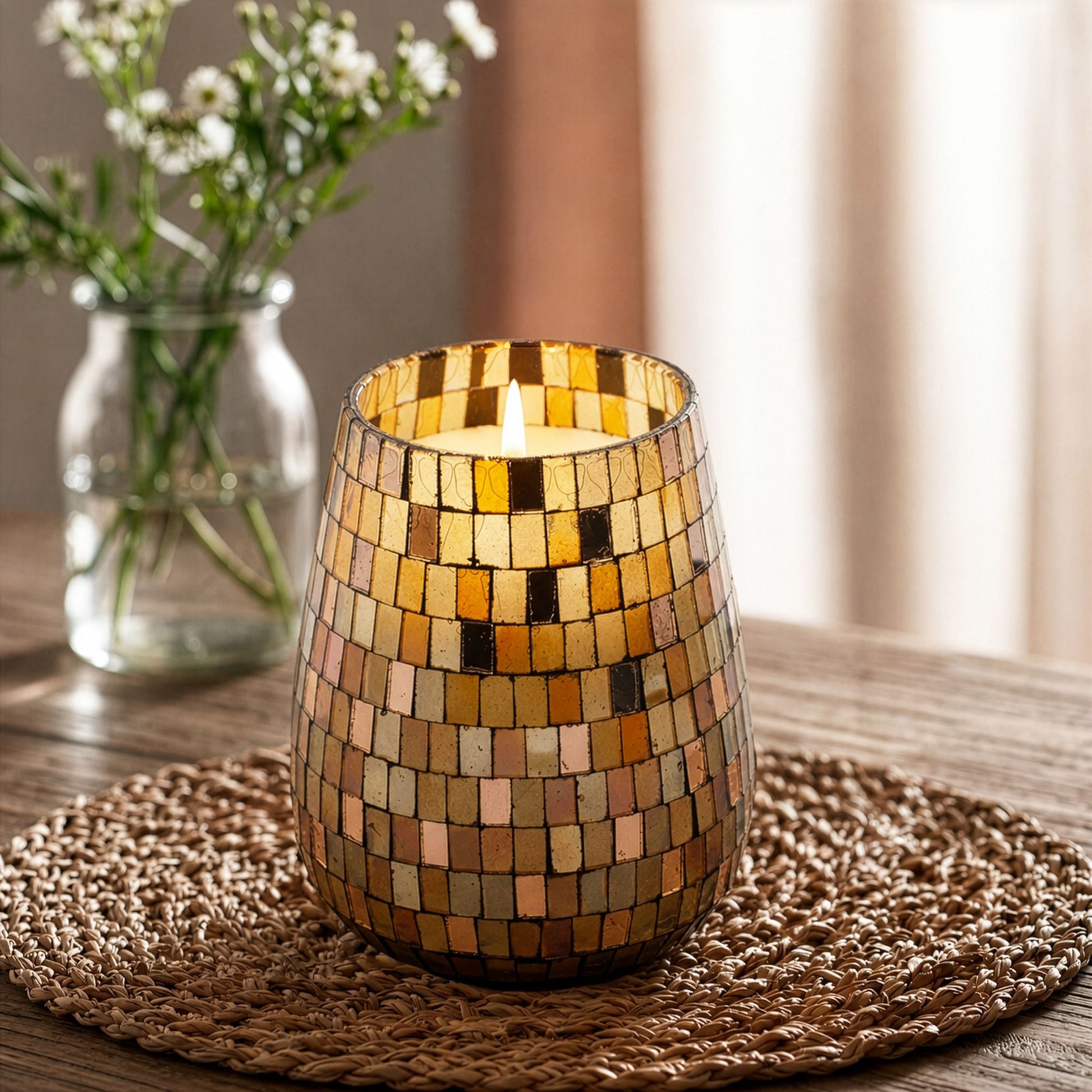 Detailed close up view highlighting the high quality craftsmanship and individual features of the tall glass jar candles amber mosaic497