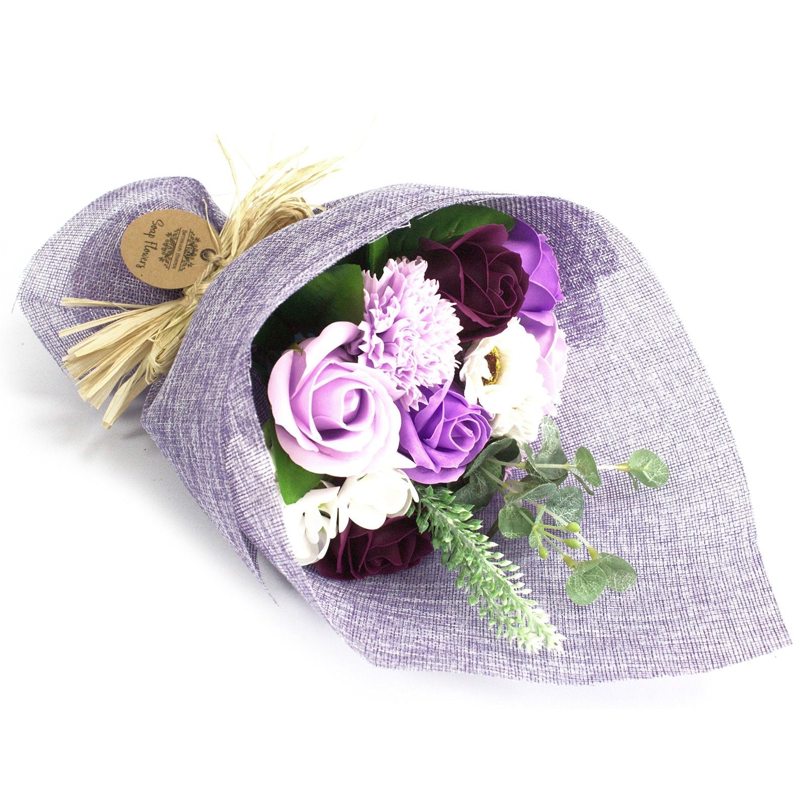 Detailed close up view highlighting the high quality craftsmanship and individual features of the standing soap flower bouquet purple858