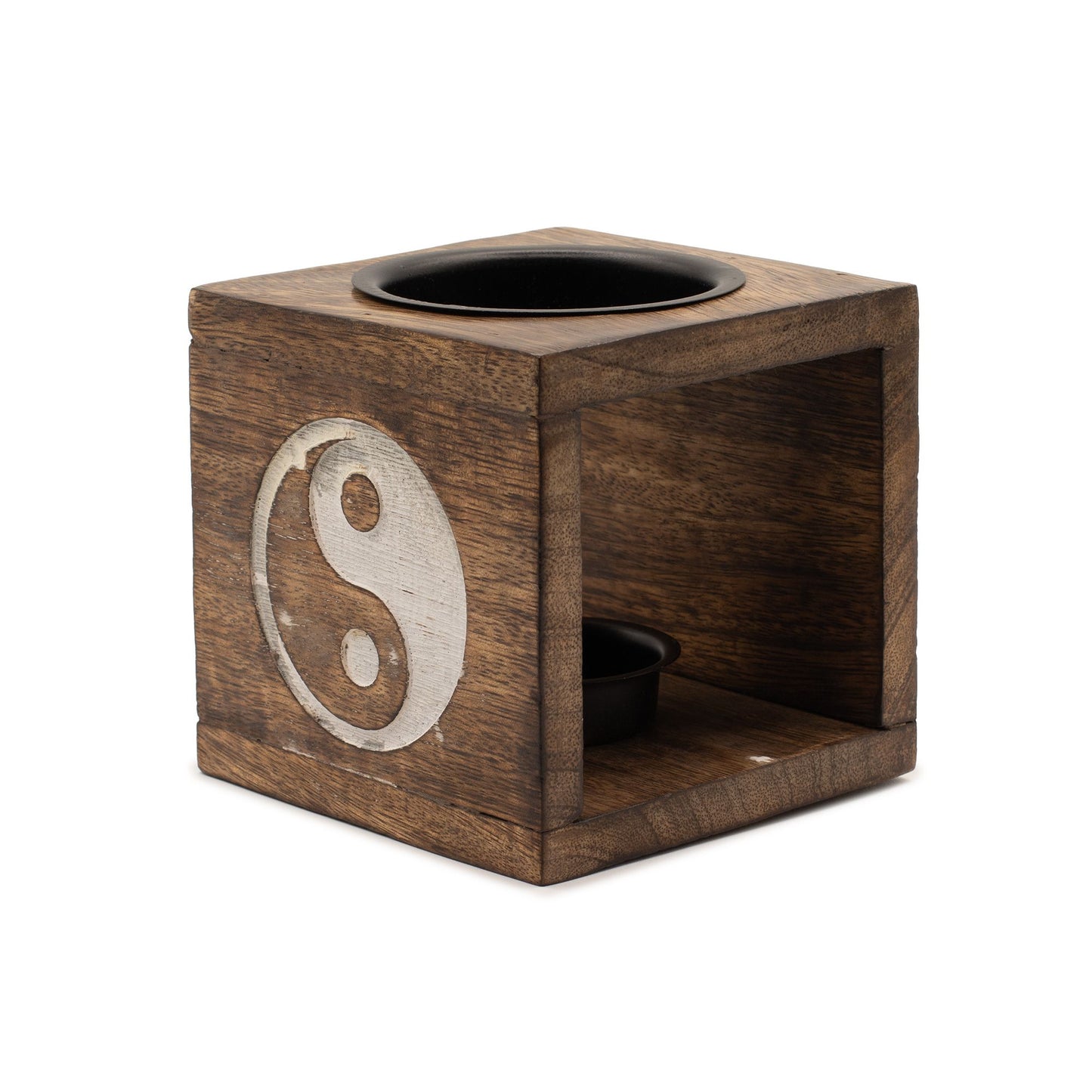 Square Mango Wood Oil Burner  - Yin Yang lifestyle product photo on neutral background