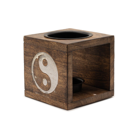Square Mango Wood Oil Burner  - Yin Yang lifestyle product photo on neutral background