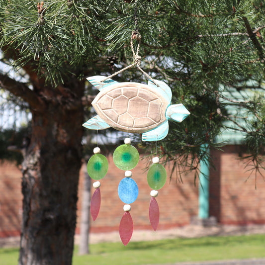 Aqua Turtle Carving and Copis Drop from our luxury driftwood chime collection