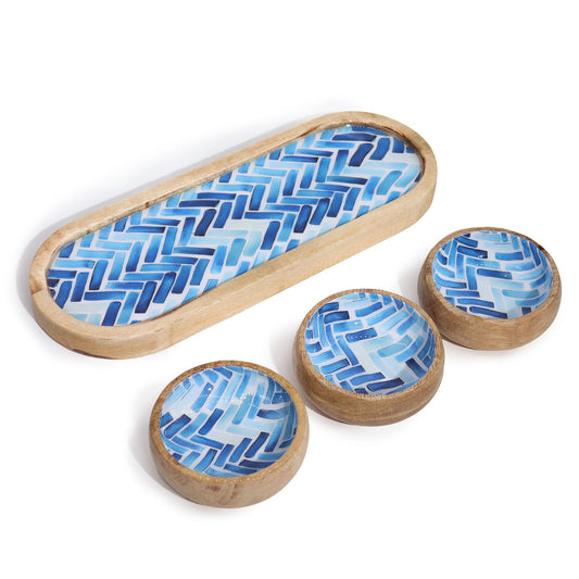 Mango Wood Tray with 3 Bowls - Blue Stripes from our luxury mango wood bowls, trays & coasters collection