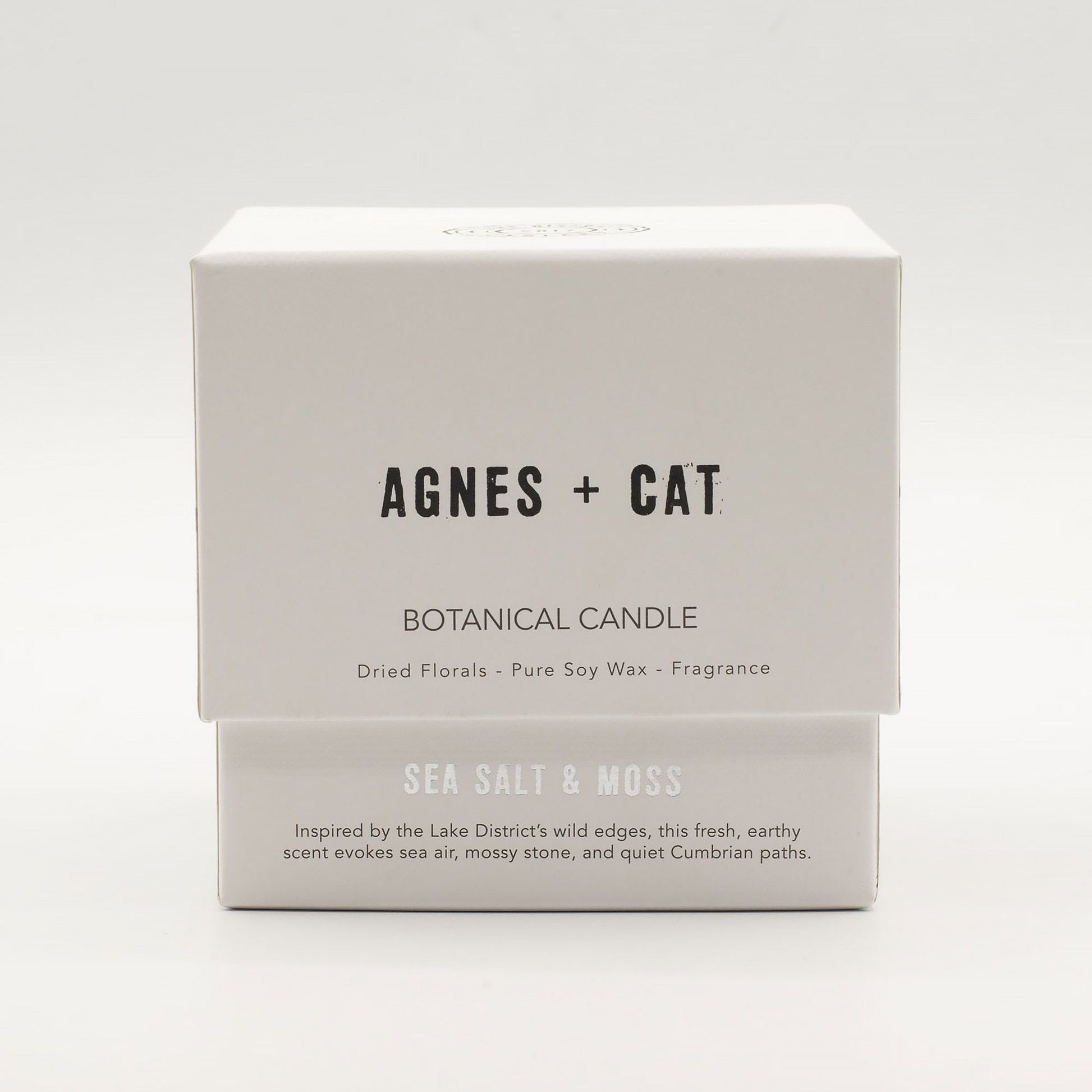 Detailed close up view highlighting the high quality craftsmanship and individual features of the agnes cat botanical soy wax candle seasalt moss559