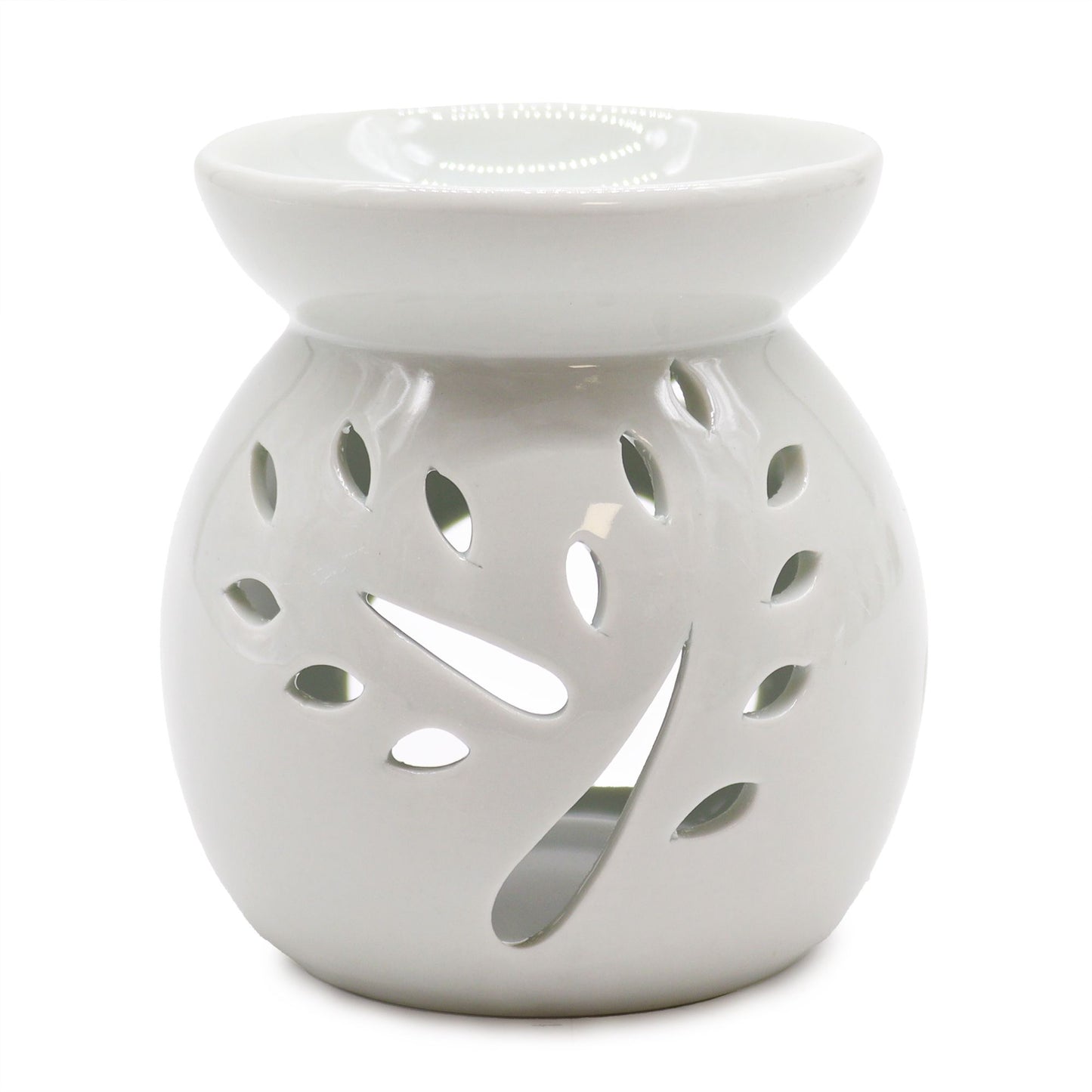 Lrg Classic White Oil Burner - Tree Cut-out lifestyle product photo on neutral background