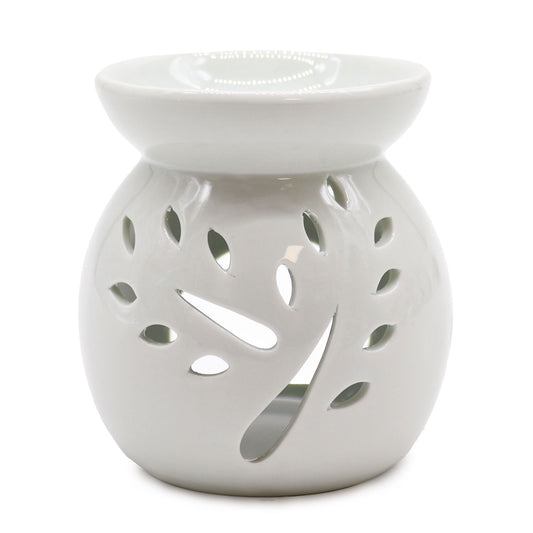 Lrg Classic White Oil Burner - Tree Cut-out lifestyle product photo on neutral background