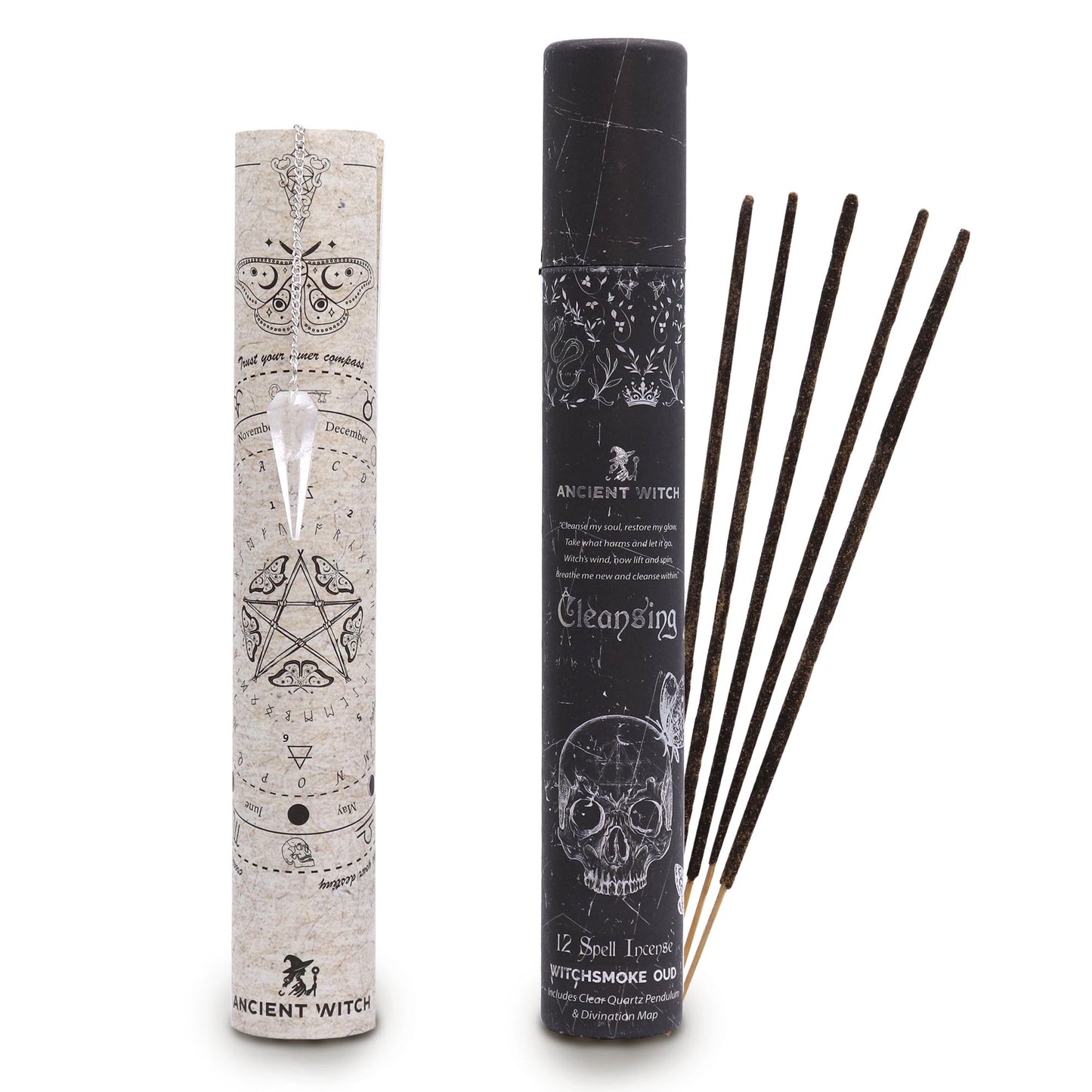 Ancient Witch Spell Incense - Cleansing - Rock Crystal Pendulum lifestyle product photo on neutral background