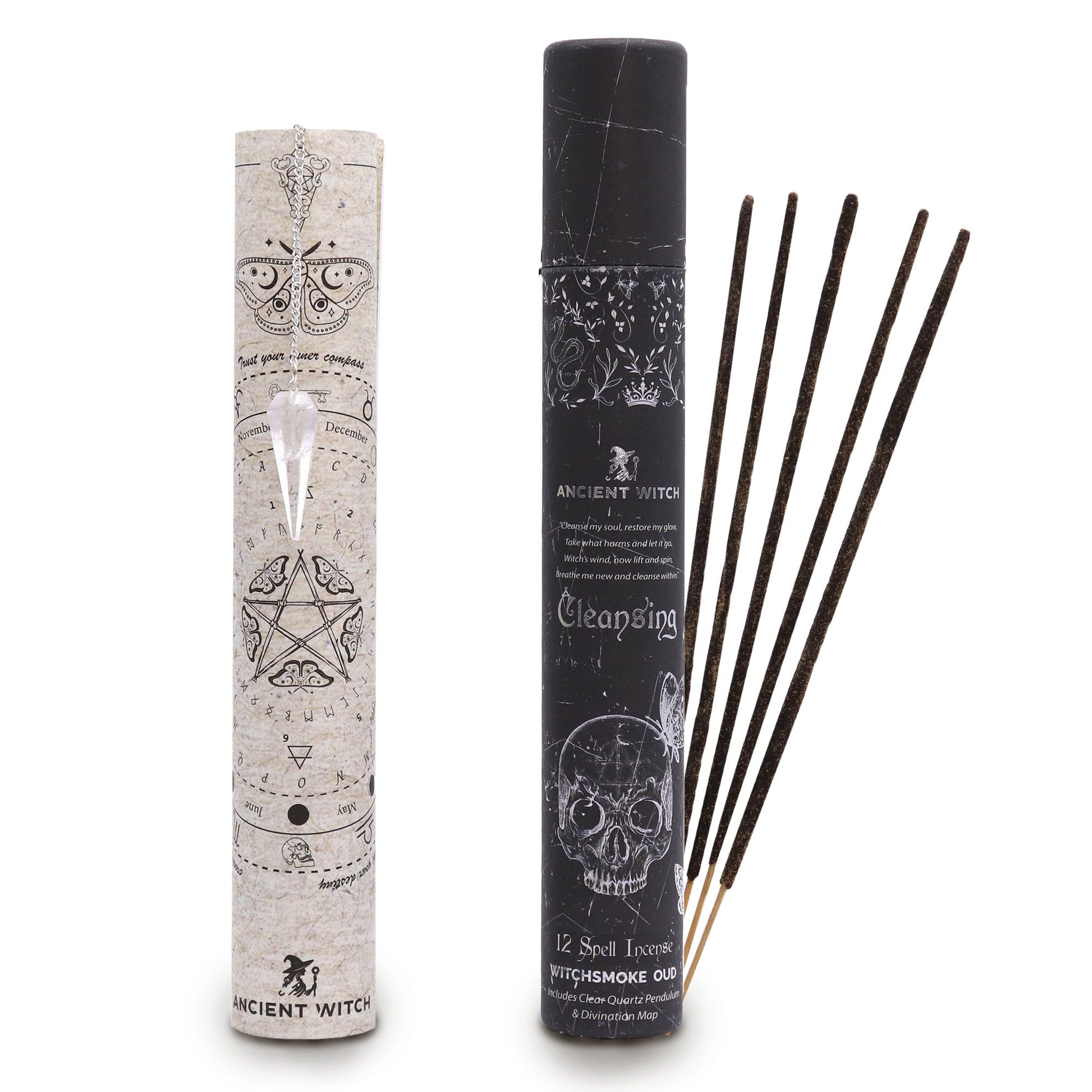 Ancient Witch Spell Incense - Cleansing - Rock Crystal Pendulum lifestyle product photo on neutral background