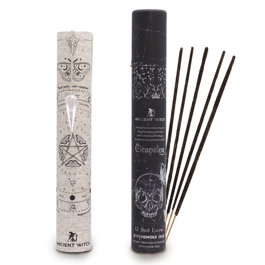 Ancient Witch Spell Incense - Cleansing - Rock Crystal Pendulum lifestyle product photo on neutral background