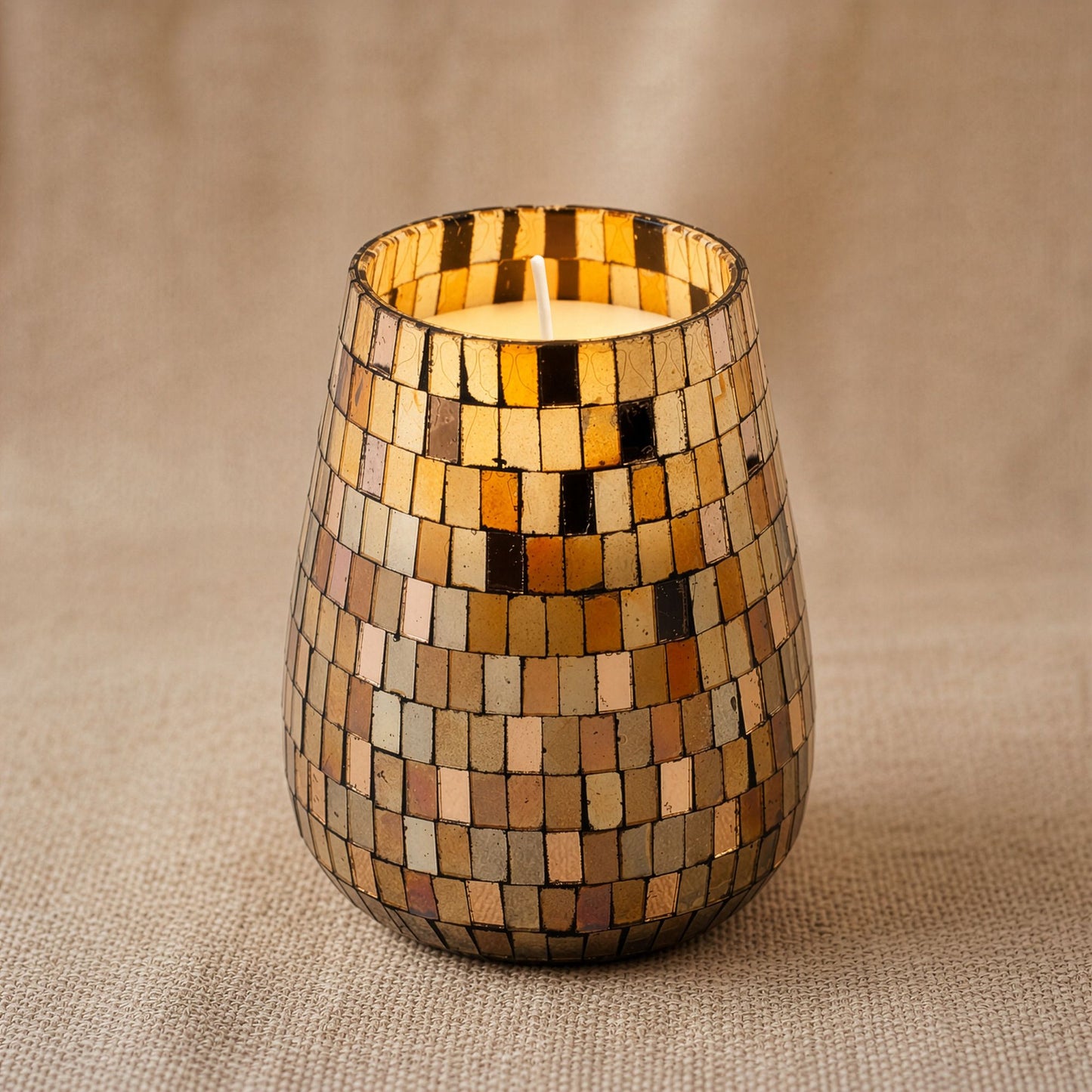 Detailed close up view highlighting the high quality craftsmanship and individual features of the tall glass jar candles amber mosaic497
