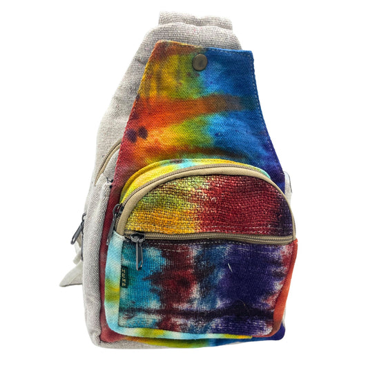 Tiedye Hemp Sling Shoulder Bag lifestyle product photo on neutral background