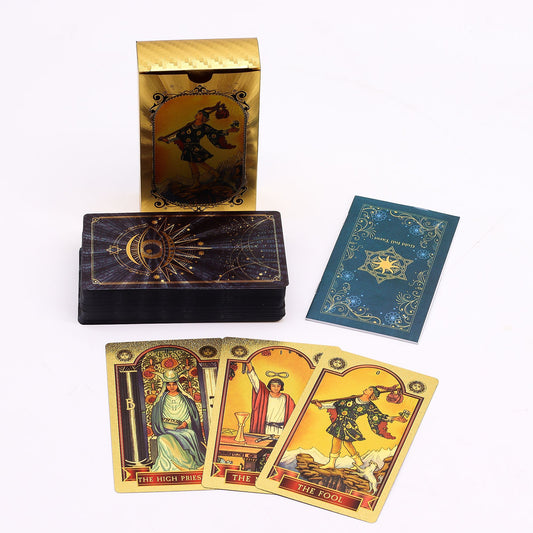 Blue & Gold Foil Tarot Card Set - All Seeing Eye - with booklet lifestyle product photo on neutral background
