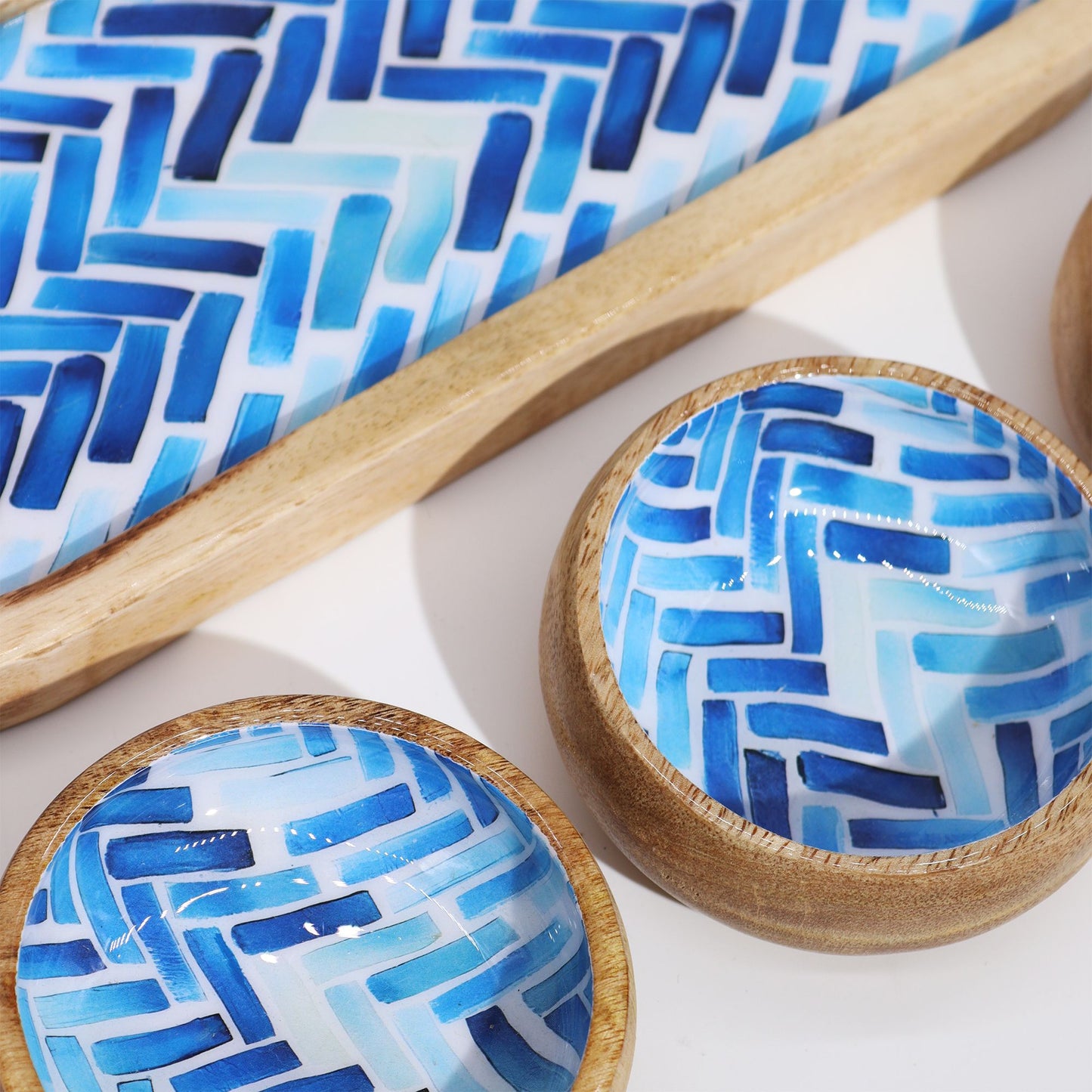 Mango Wood Tray with 3 Bowls - Blue Stripes from our luxury mango wood bowls, trays & coasters collection