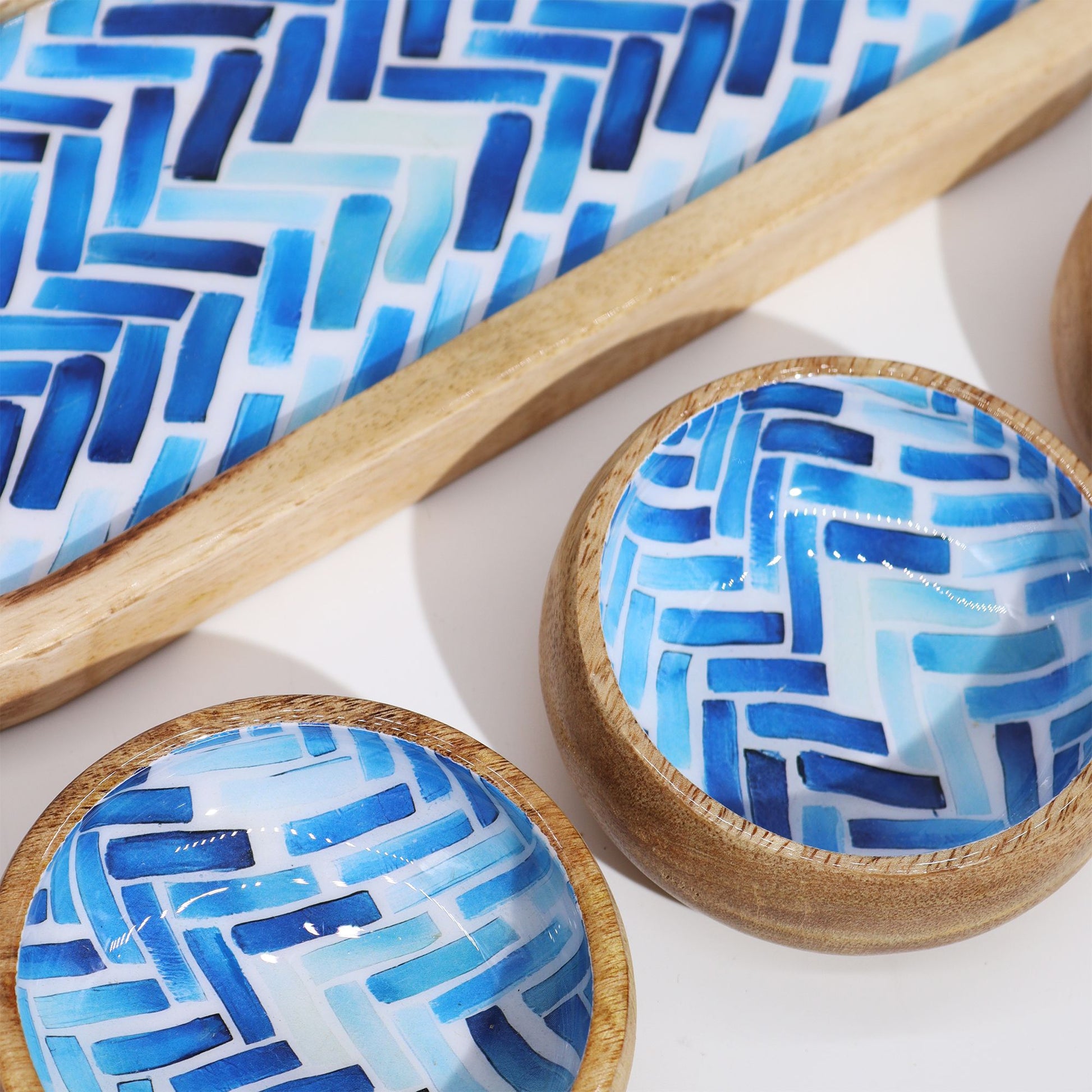 Mango Wood Tray with 3 Bowls - Blue Stripes from our luxury mango wood bowls, trays & coasters collection