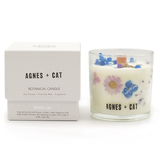 Luxury presentation of the agnes cat botanical soy wax candle moorland506 showing the premium artisan packaging and complete set contents