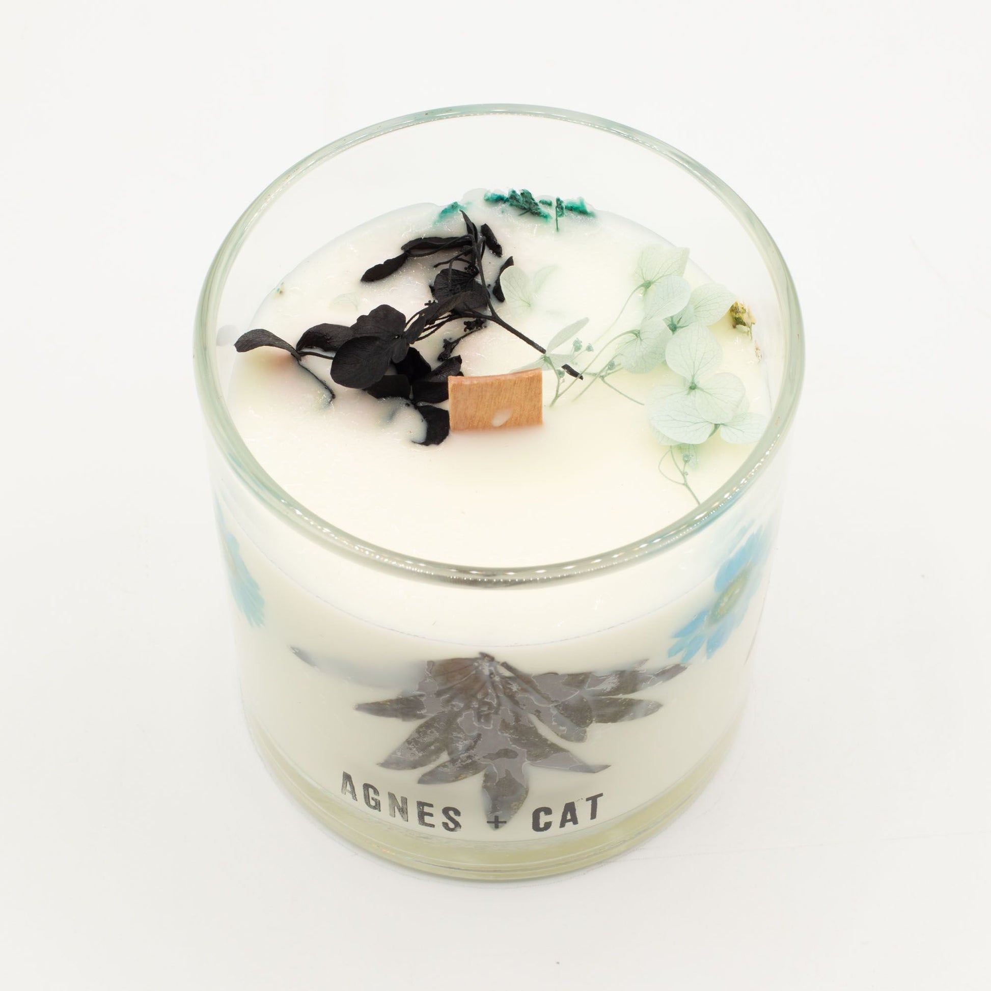 Detailed close up view highlighting the high quality craftsmanship and individual features of the agnes cat botanical soy wax candle seasalt moss559
