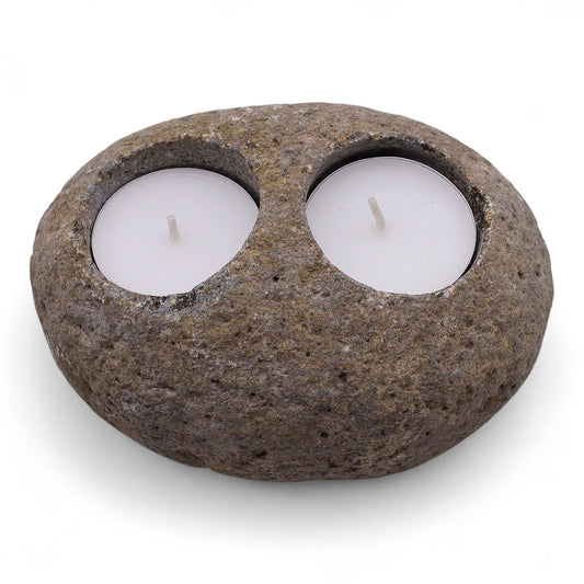 Luxury presentation of the natural riverstone candle holder double nightlight660 showing the premium artisan packaging and complete set contents