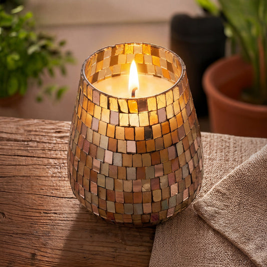 Luxury presentation of the tall glass jar candles amber mosaic497 showing the premium artisan packaging and complete set contents