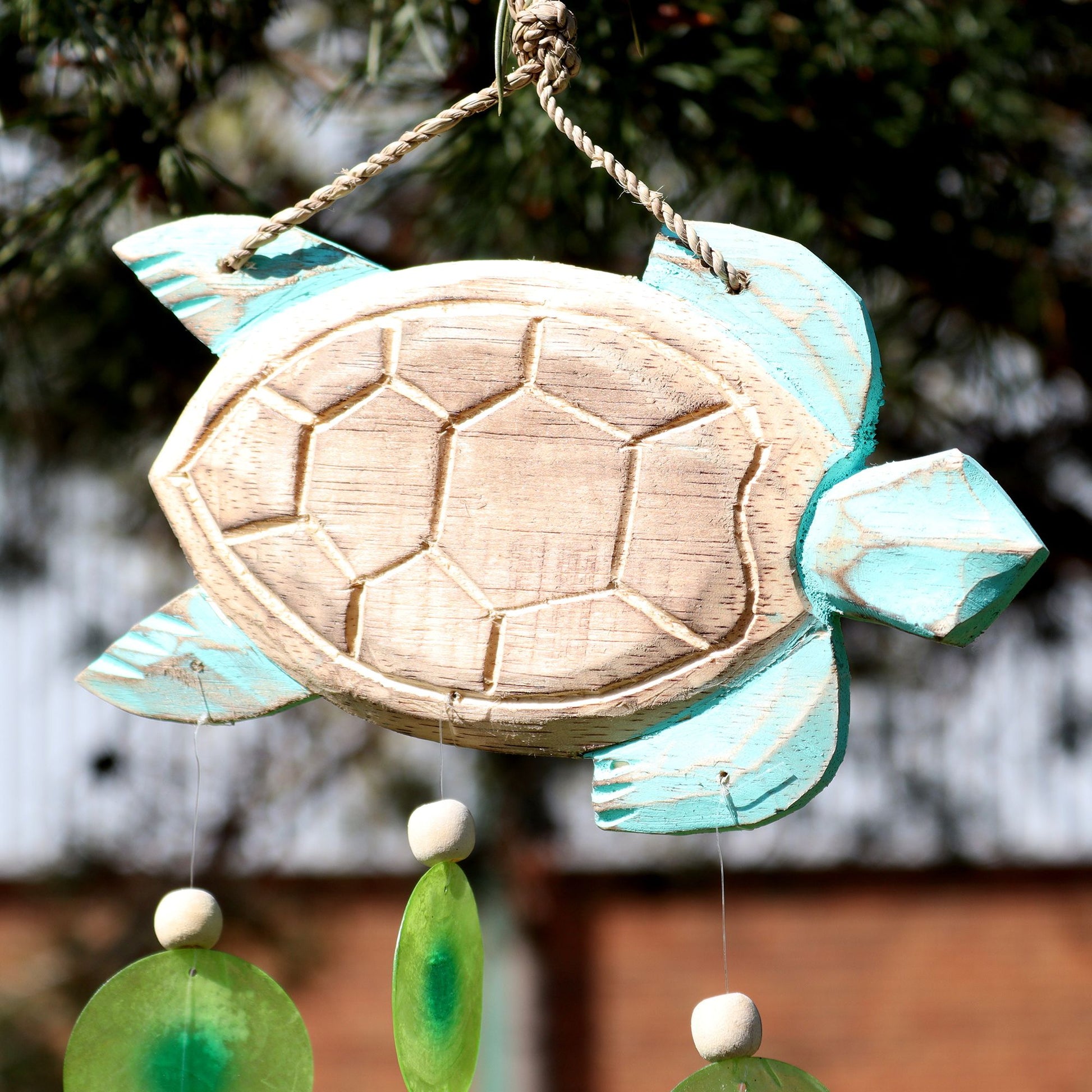 Aqua Turtle Carving and Copis Drop from our luxury driftwood chime collection
