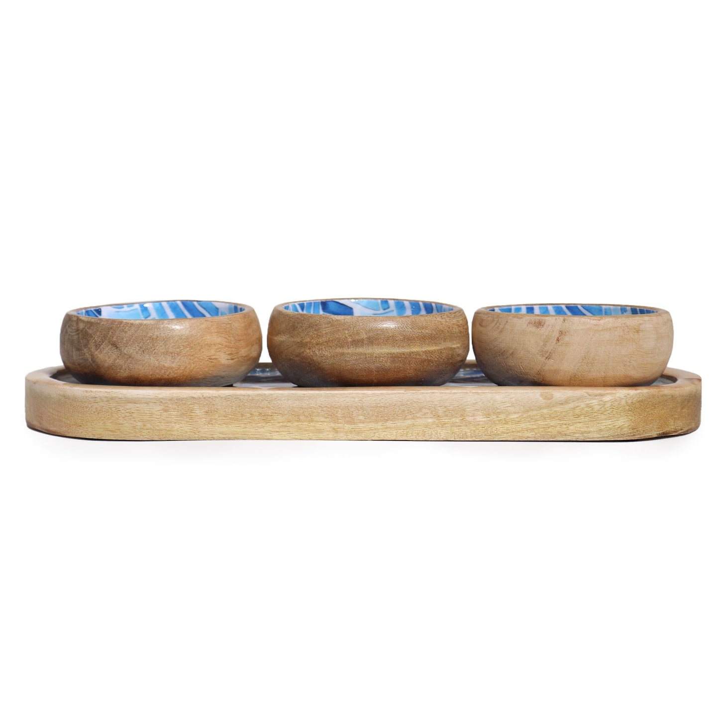 Mango Wood Tray with 3 Bowls - Blue Stripes from our luxury mango wood bowls, trays & coasters collection