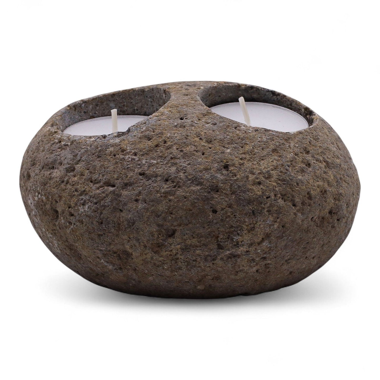 Detailed close up view highlighting the high quality craftsmanship and individual features of the natural riverstone candle holder double nightlight660