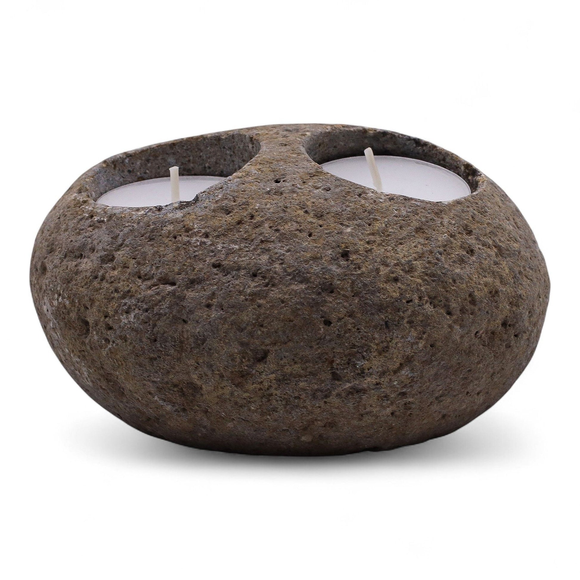 Detailed close up view highlighting the high quality craftsmanship and individual features of the natural riverstone candle holder double nightlight660