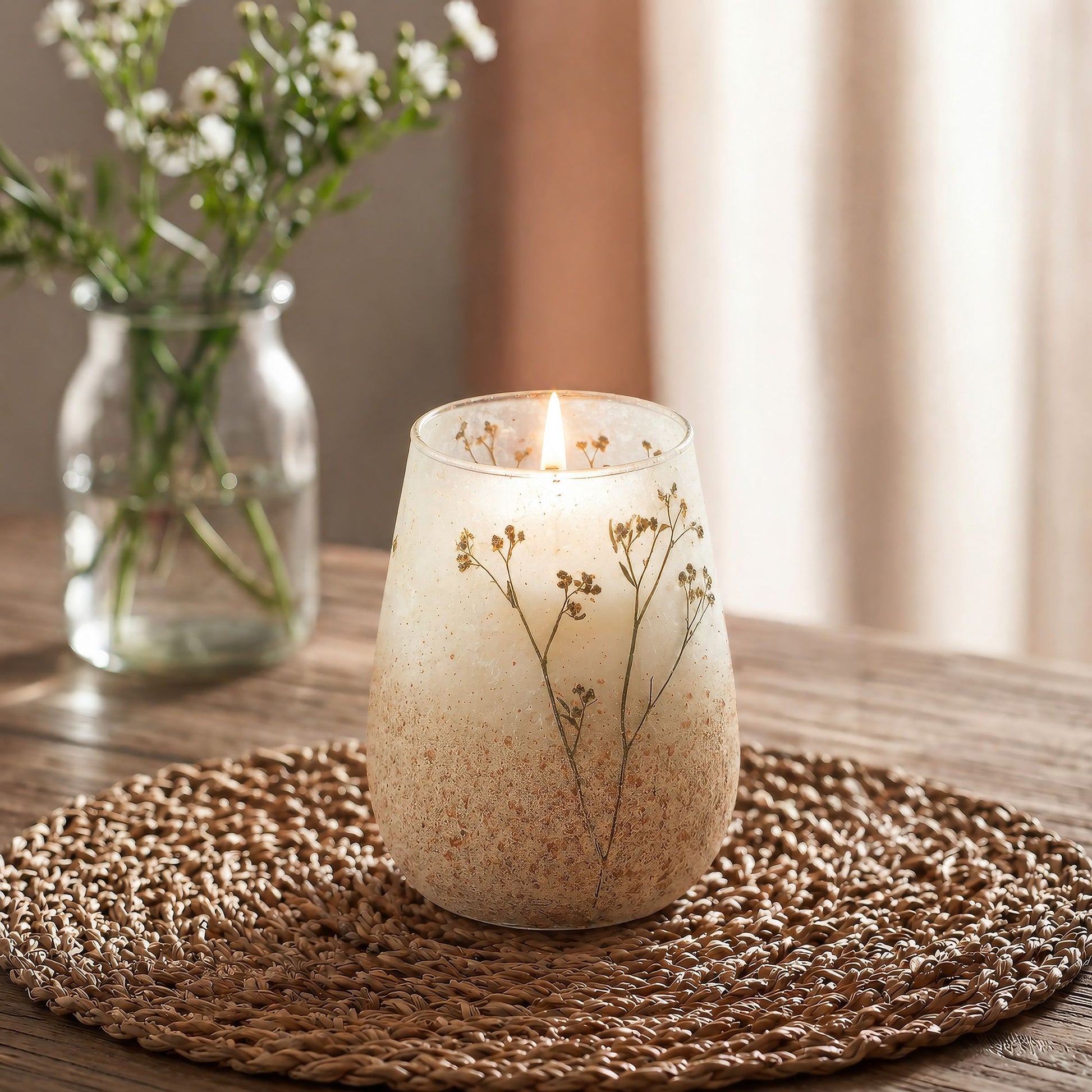 Detailed close up view highlighting the high quality craftsmanship and individual features of the tall glass jar candles wildlight woods531