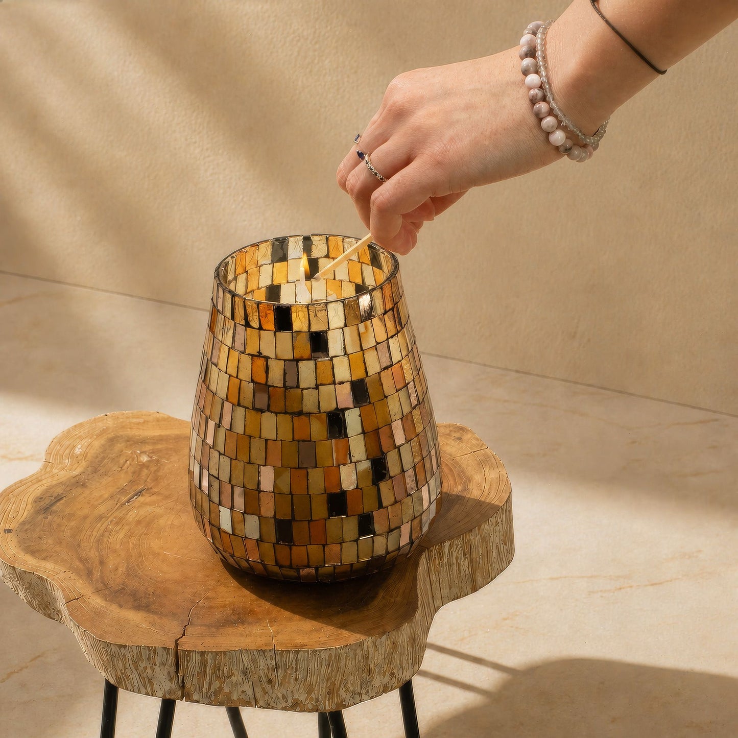 Detailed close up view highlighting the high quality craftsmanship and individual features of the tall glass jar candles amber mosaic497