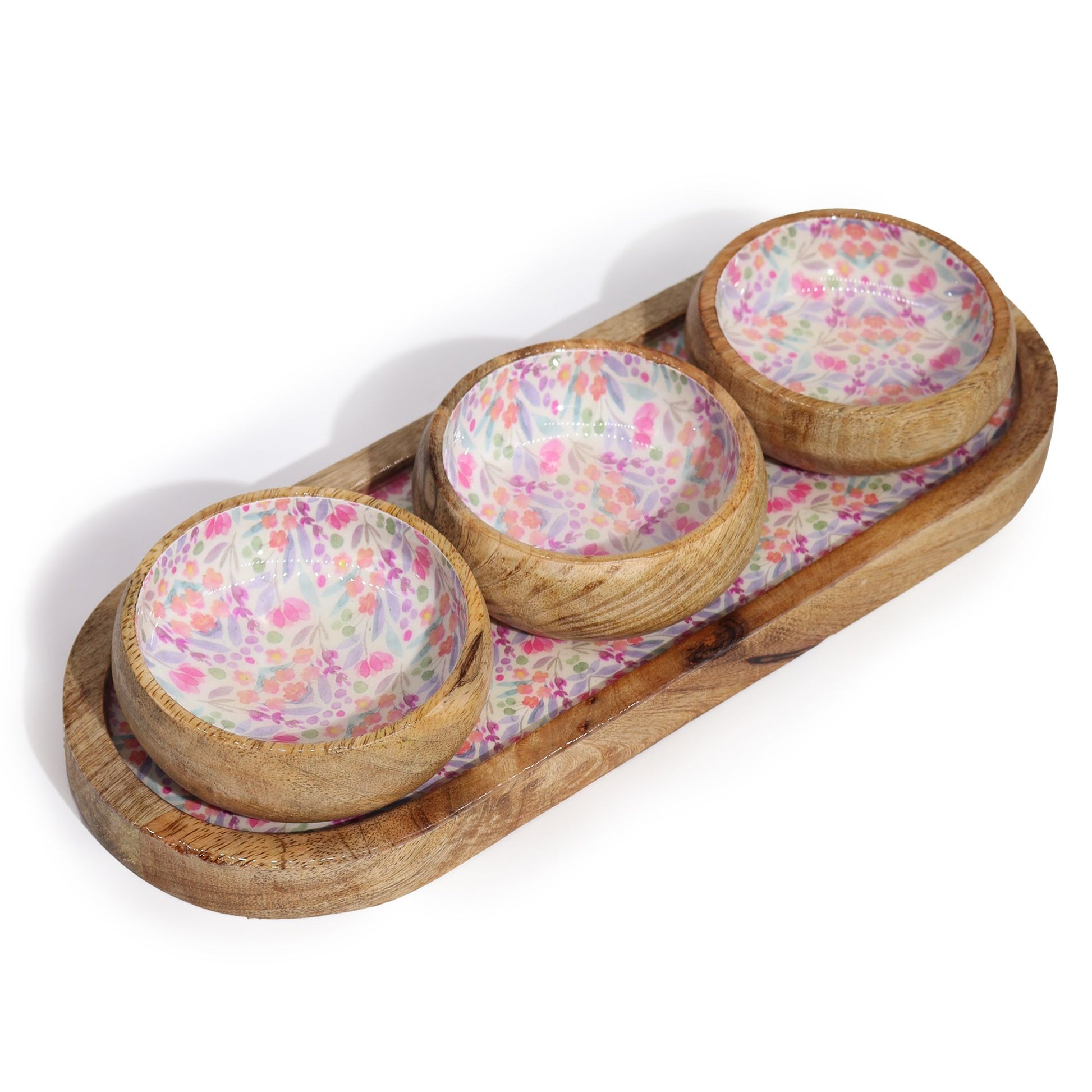 Mango Wood Tray with 3 Bowls - Pretty Floral from our luxury mango wood bowls, trays & coasters collection