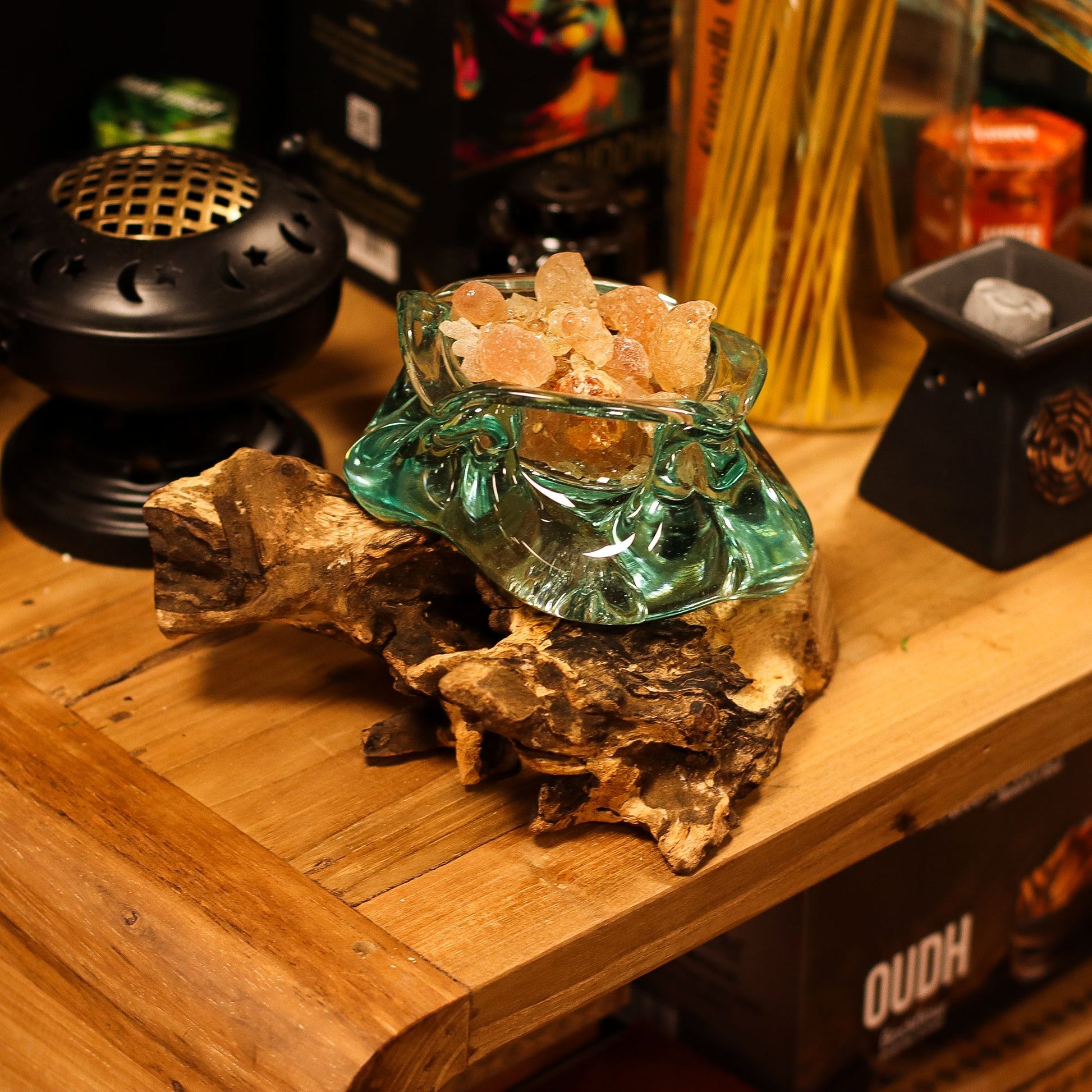 Photo 8 of Molten Glass Chunky Ashtray / Candle Holder On Wood 23cm featuring authentic premium craftsmanship.