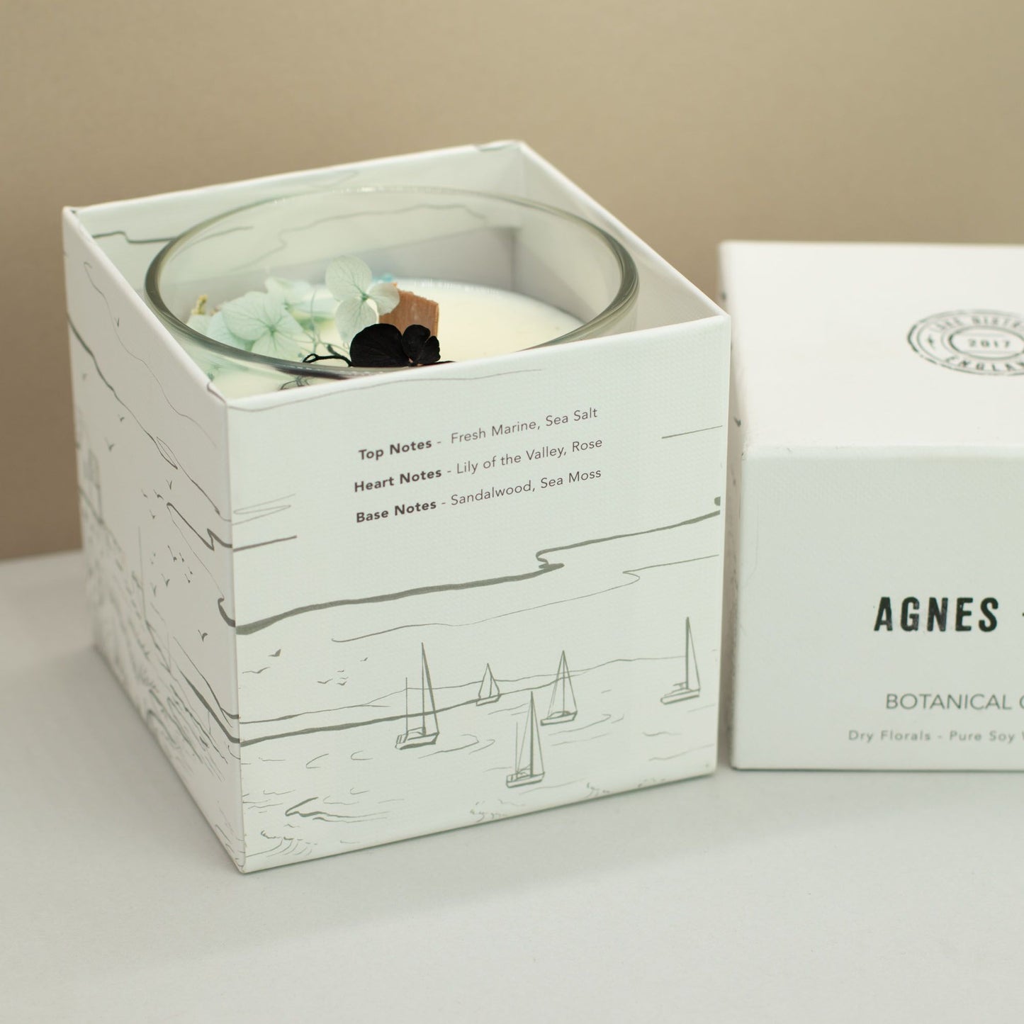 Detailed close up view highlighting the high quality craftsmanship and individual features of the agnes cat botanical soy wax candle seasalt moss559