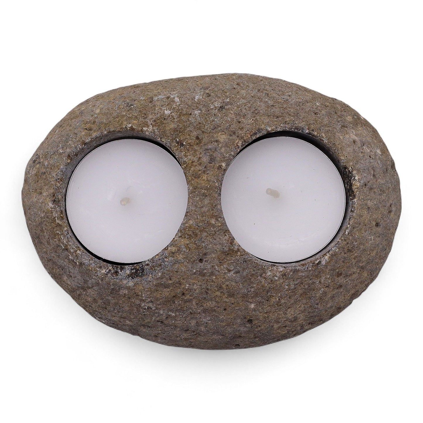 Detailed close up view highlighting the high quality craftsmanship and individual features of the natural riverstone candle holder double nightlight660