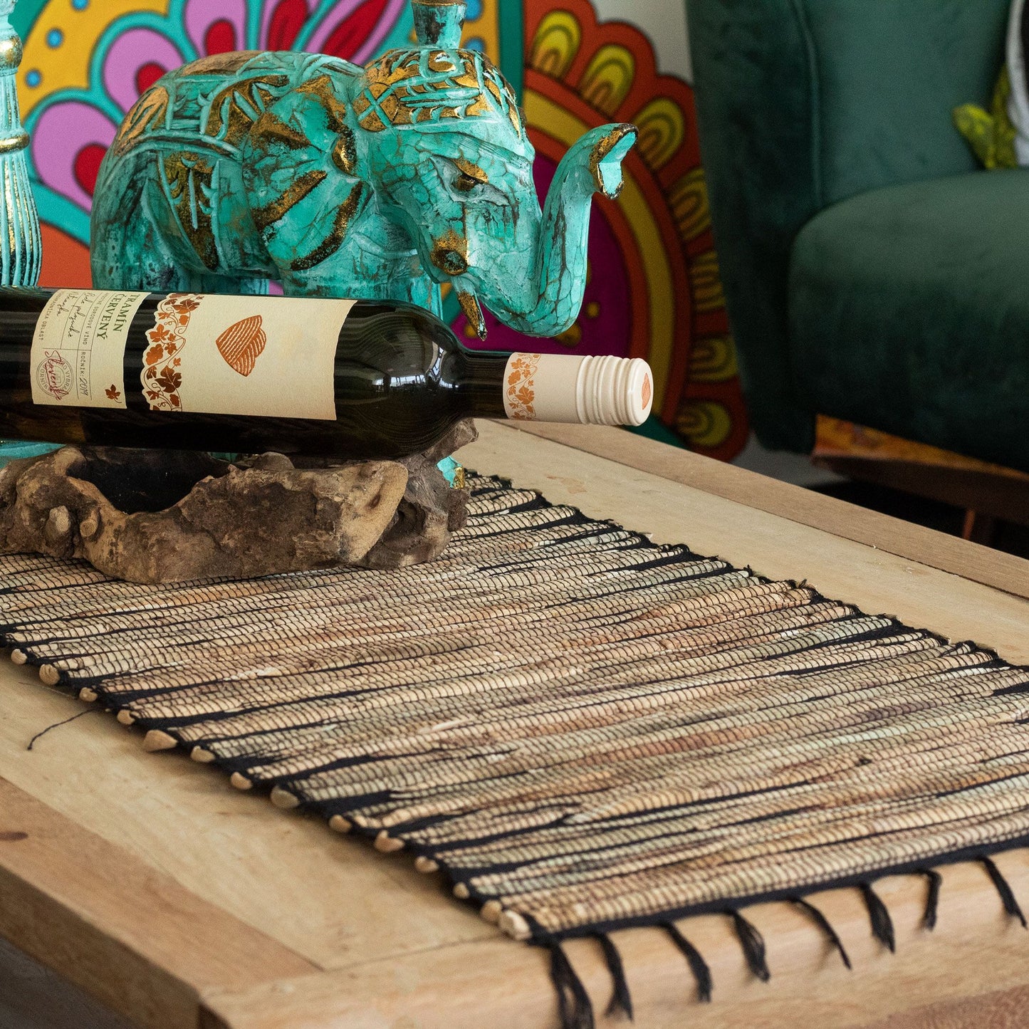 Water Hyacinth Natural Table Runner - Black Tiger with Fringe - 150cm from our luxury java placemats and coasters collection
