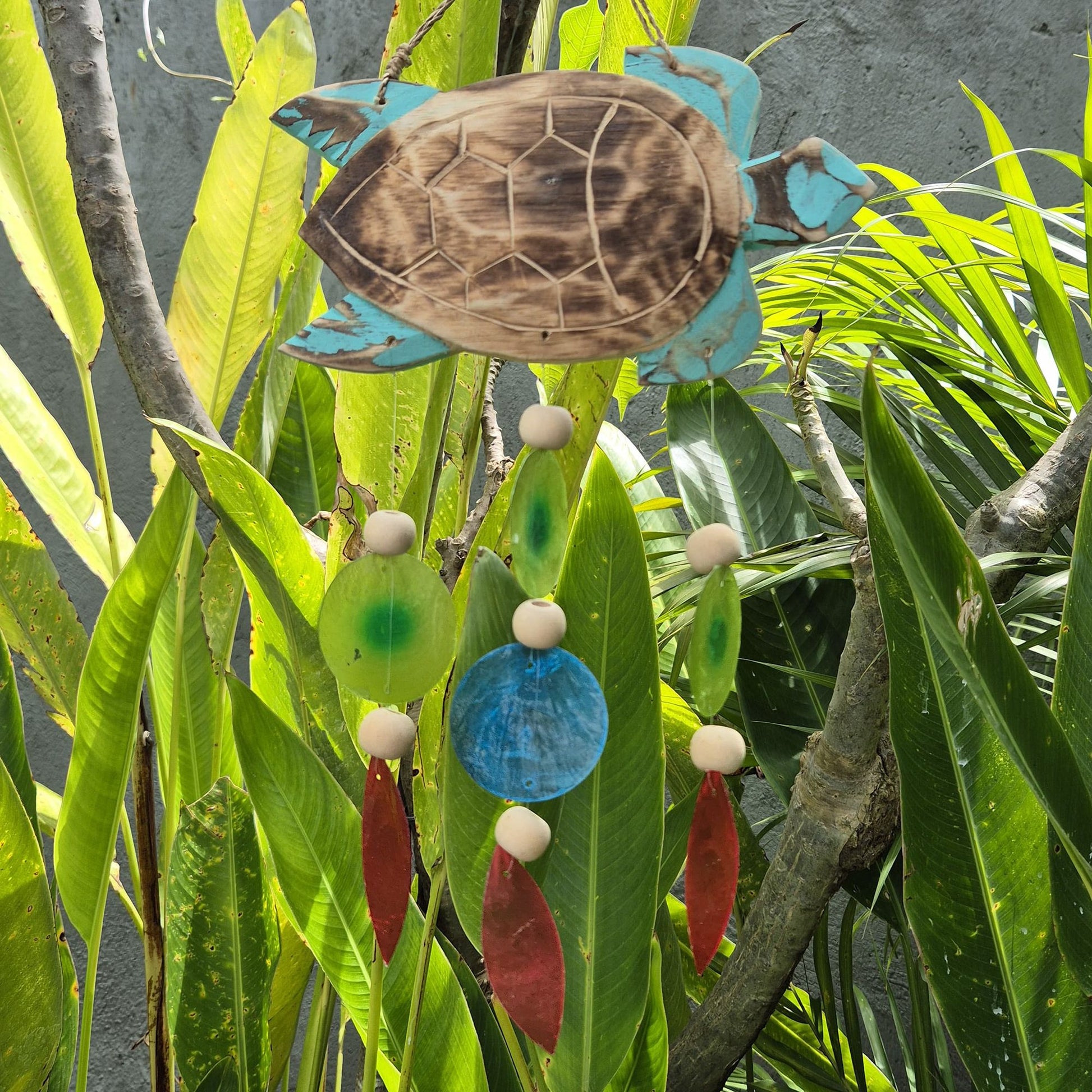 Aqua Turtle Carving and Copis Drop from our luxury driftwood chime collection