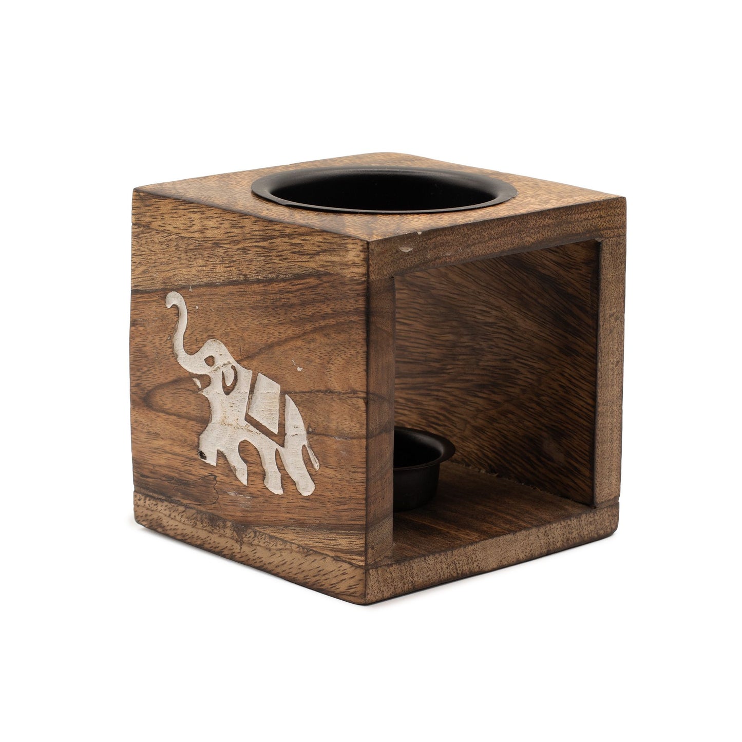 Square Mango Wood Oil Burner  - Elephant lifestyle product photo on neutral background