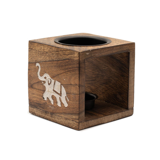 Square Mango Wood Oil Burner  - Elephant lifestyle product photo on neutral background