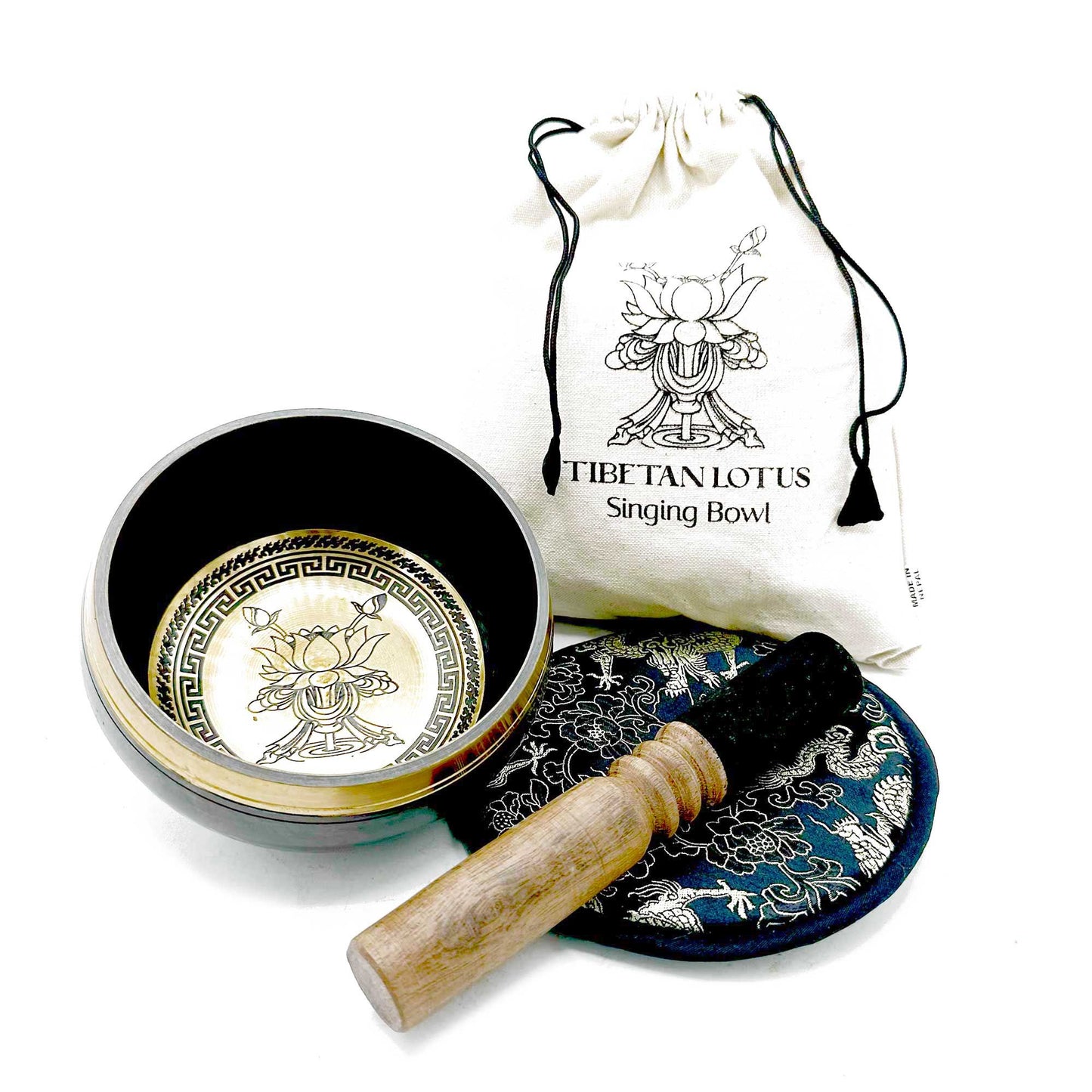 Hand Beaten & Engraved Singing Bowl Gift Set - 14cm - Lotus Flower lifestyle product photo on neutral background