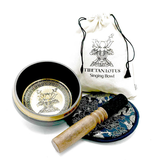 Hand Beaten & Engraved Singing Bowl Gift Set - 14cm - Lotus Flower lifestyle product photo on neutral background