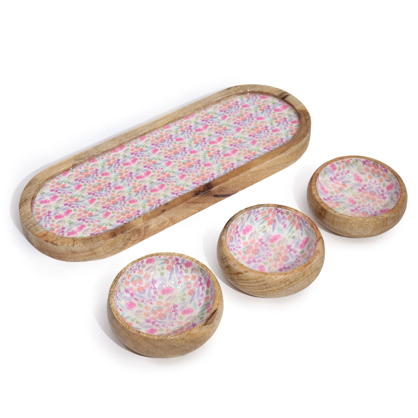 Mango Wood Tray with 3 Bowls - Pretty Floral from our luxury mango wood bowls, trays & coasters collection