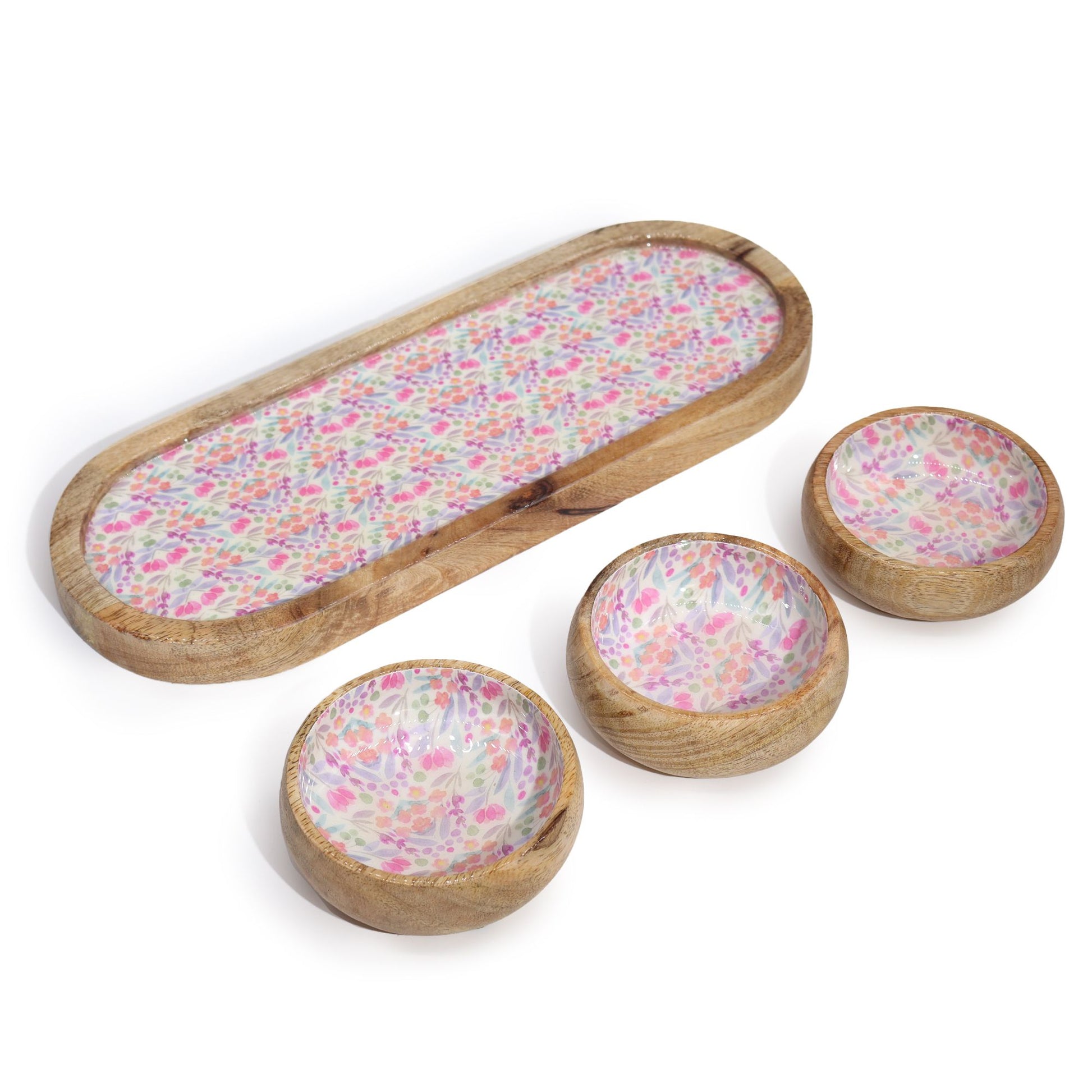 Mango Wood Tray with 3 Bowls - Pretty Floral from our luxury mango wood bowls, trays & coasters collection