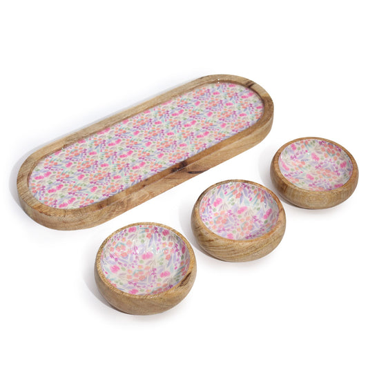Mango Wood Tray with 3 Bowls - Pretty Floral from our luxury mango wood bowls, trays & coasters collection