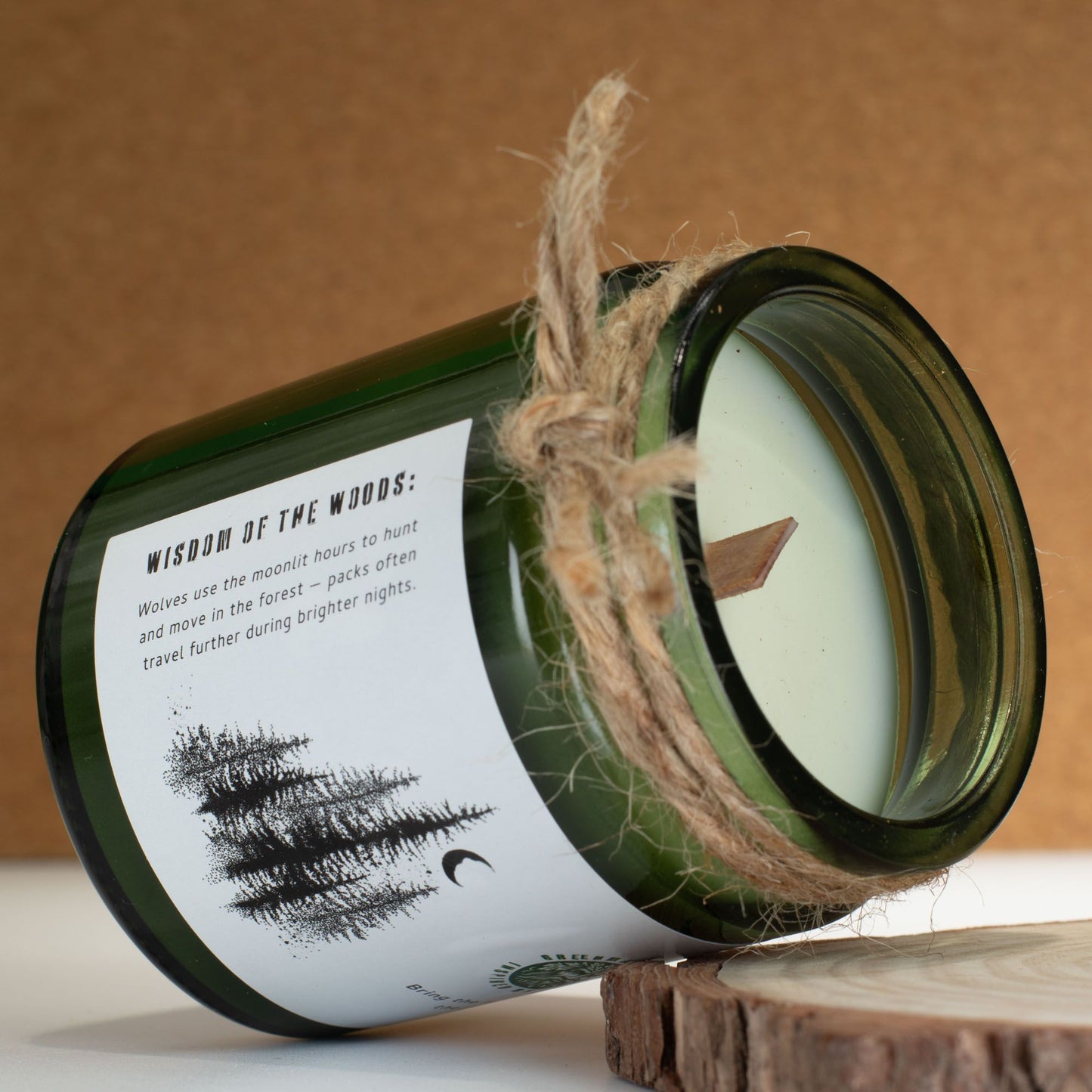 Detailed close up view highlighting the high quality craftsmanship and individual features of the greenman woodwick soy candle wolfs moon556