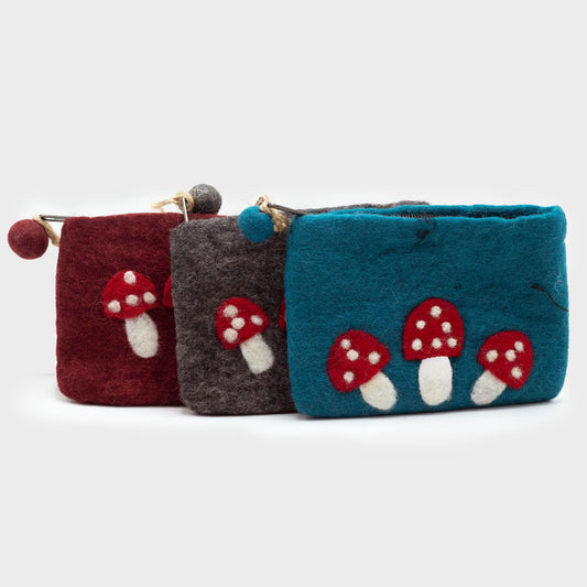 Natural Felt Zipper Pouch (asst) - Wild Mushrooms lifestyle product photo on neutral background